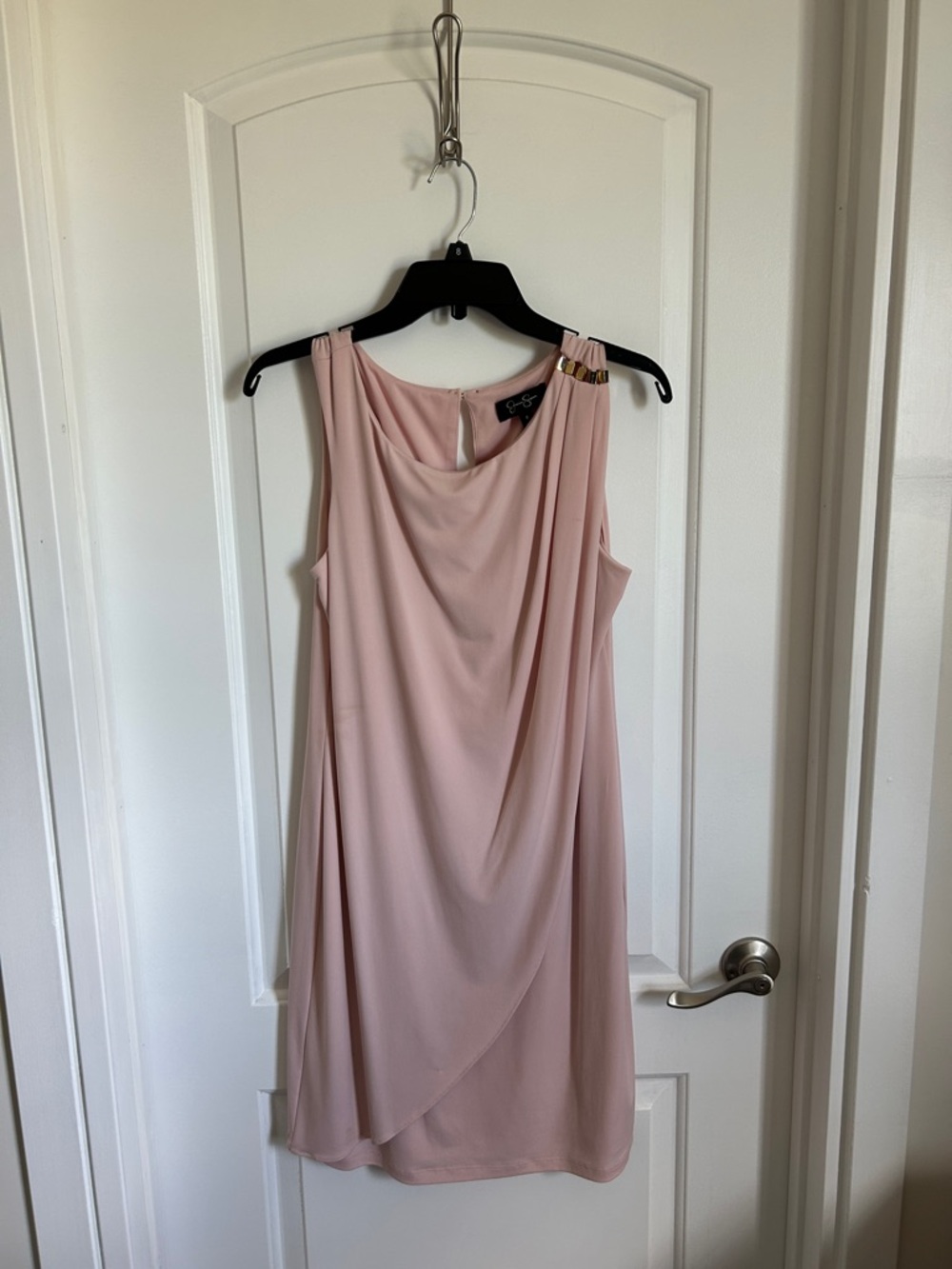 Jessica Simpson Blush Draped One-Shoulder Midi Dress with Gold Accent